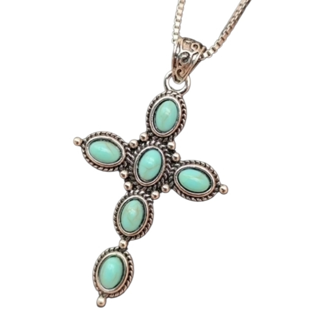 Silvertone Turquoise Cross Pendant Necklace